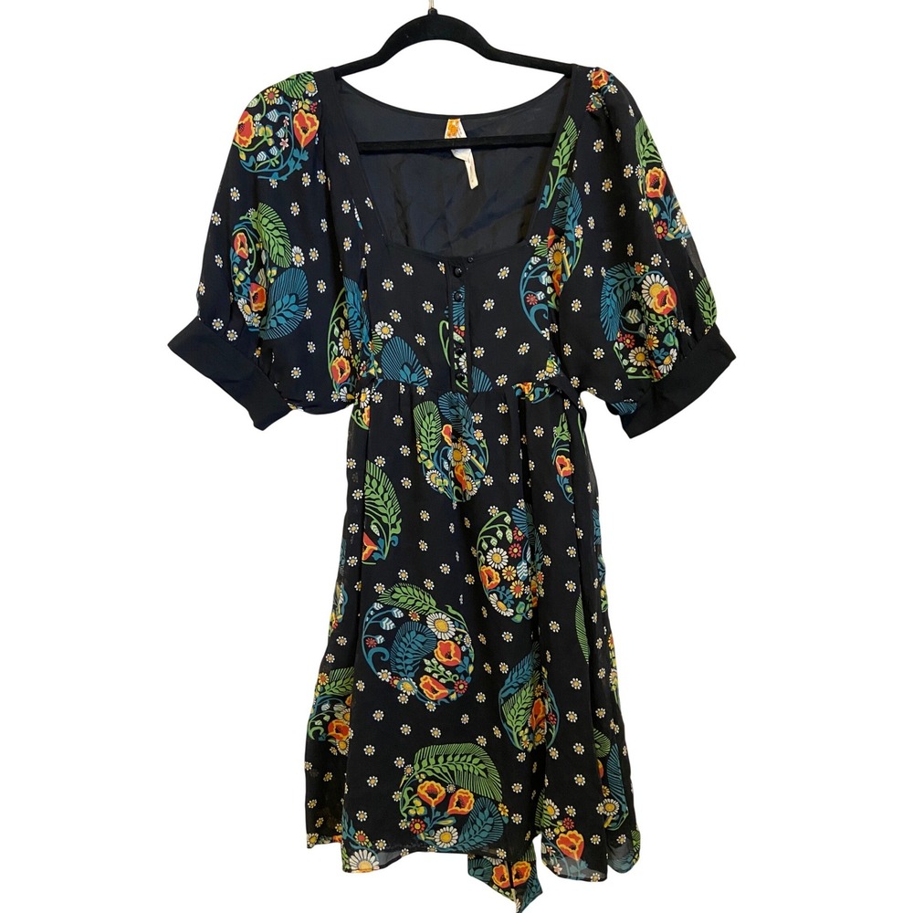Maeve Anthropologie Black Silk Floral Paisley Puff Sleeve Mini Dress Size 6